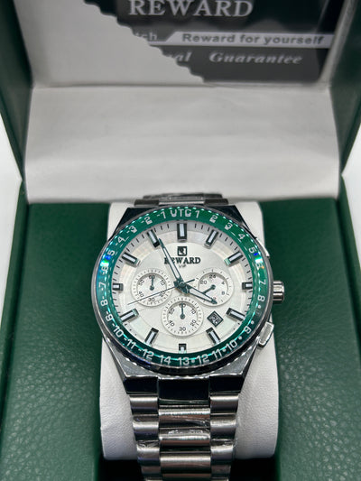 REWARD Luxury Chronograph Watch – White Dial Emerald Green Bezel