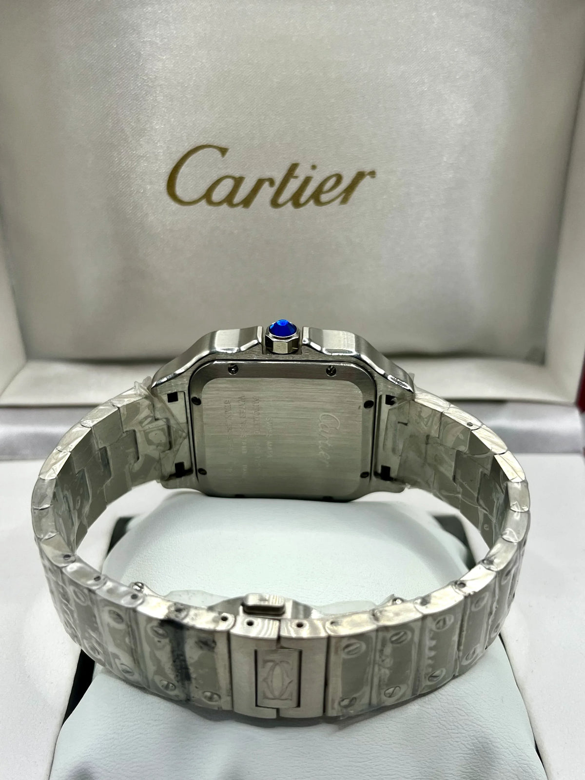 Cartier Santos Blue Bezel Blue Dial Stainless Steel Watch