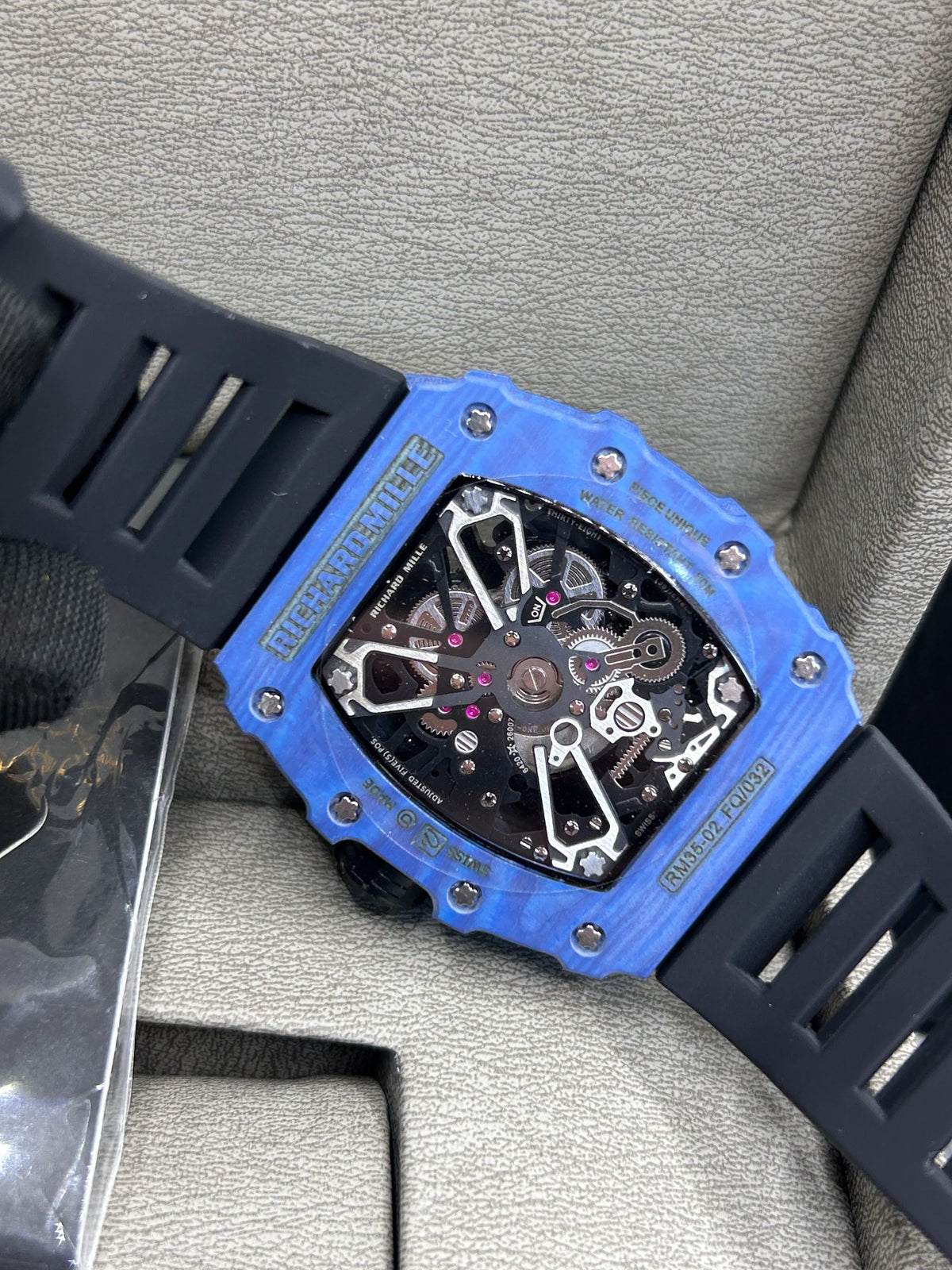 Richard Mille Blue Case Black Strap Skeleton Watch