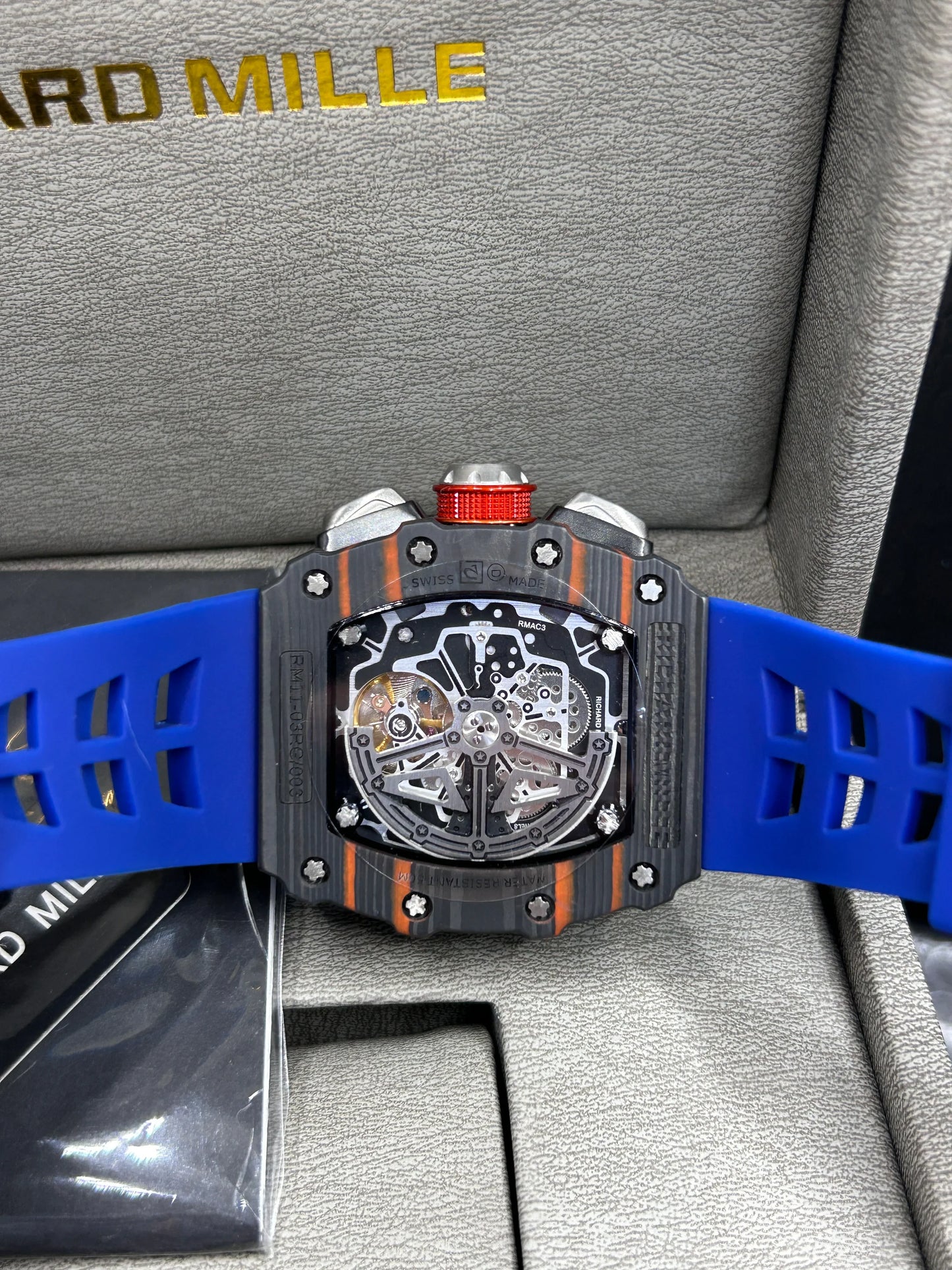 Richard Mille Grey Case Blue Strap Skeleton Watch