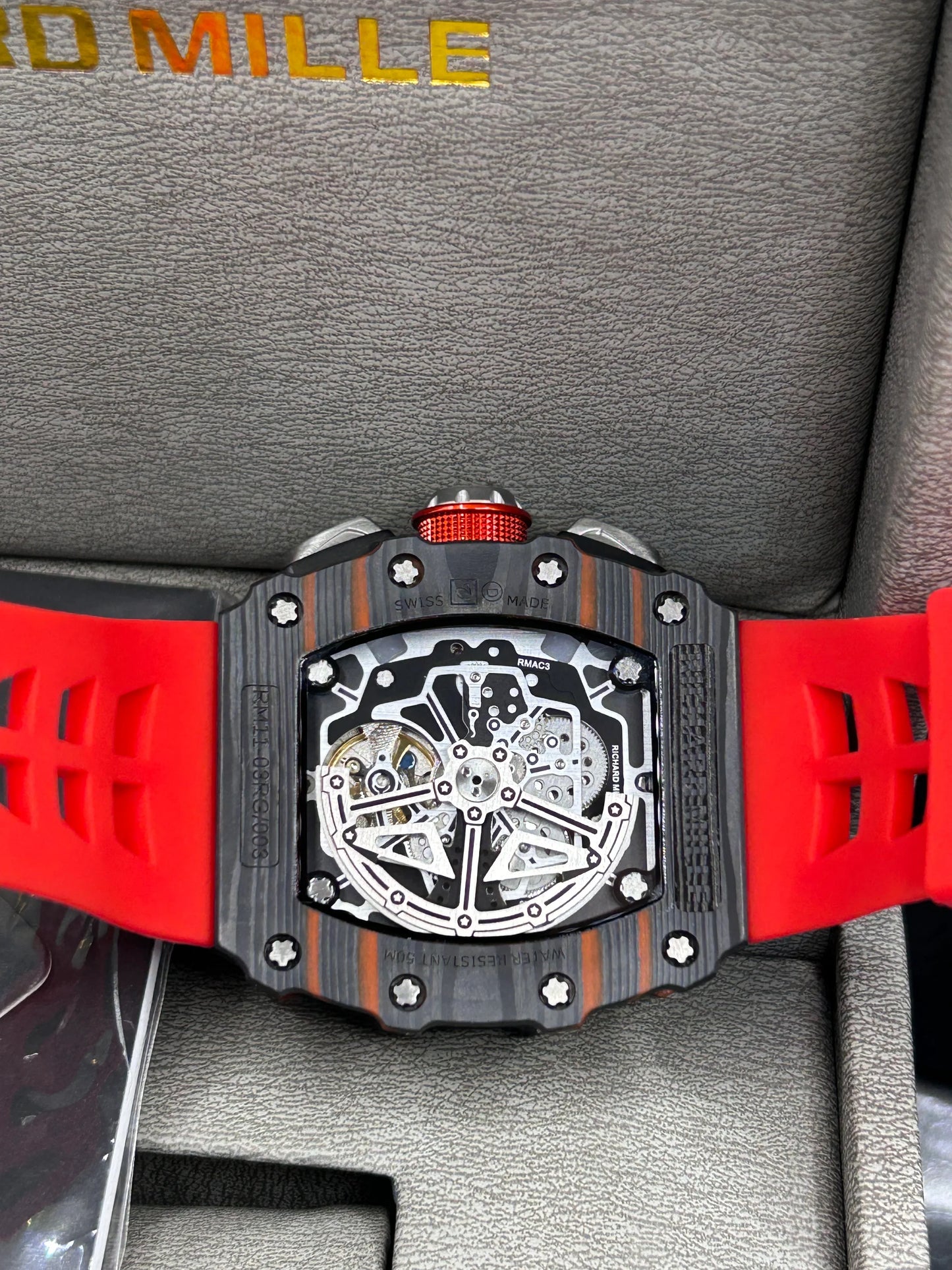 Richard Mille Black Case Red Strap Skeleton Watch