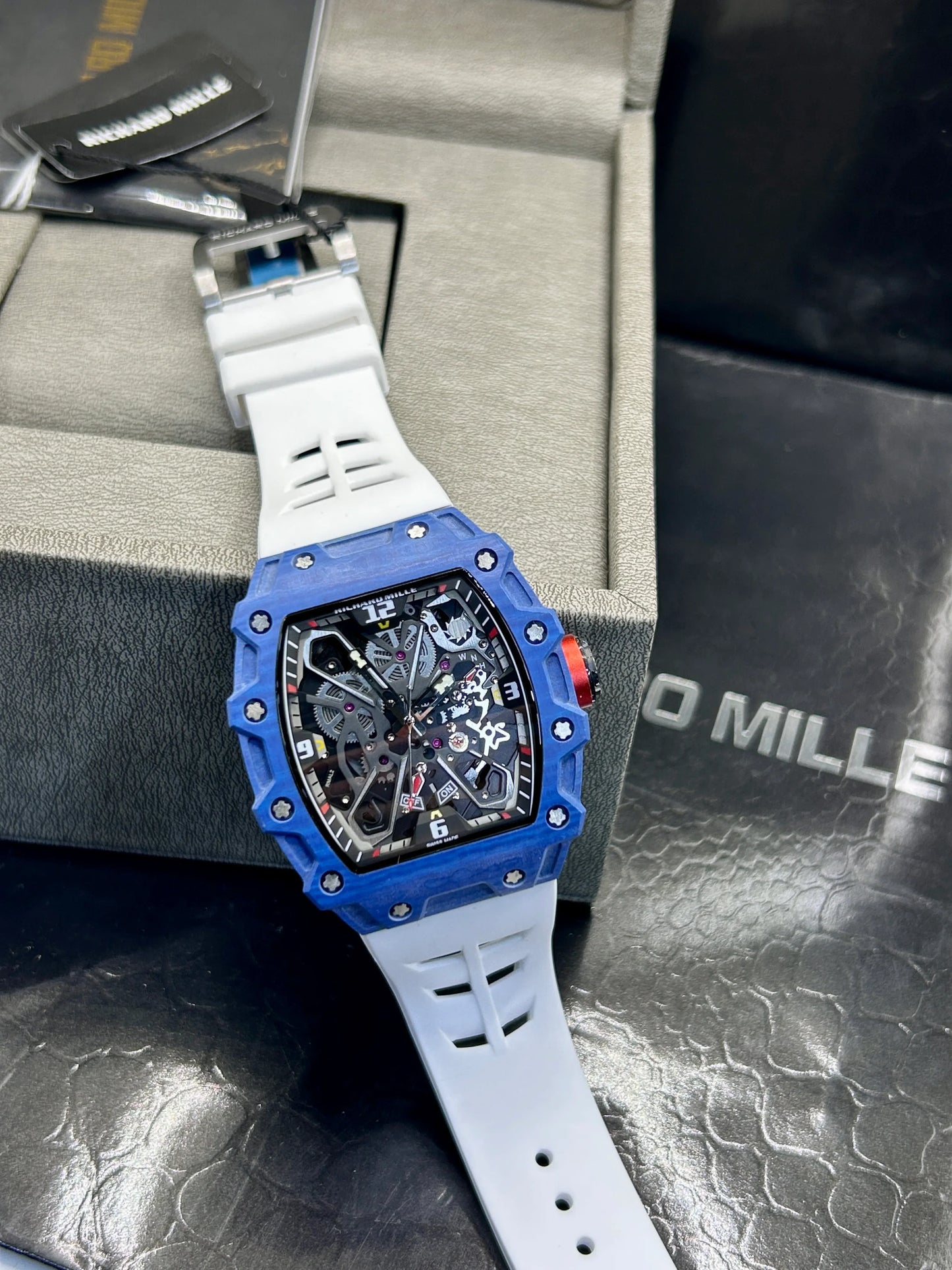 Richard Mille Blue Case White Strap Skeleton Watch