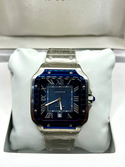 Cartier Santos Blue Bezel Blue Dial Stainless Steel Watch