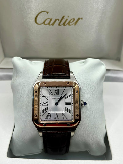 Cartier Santos Gold Bezel Silver Dial Leather Watch