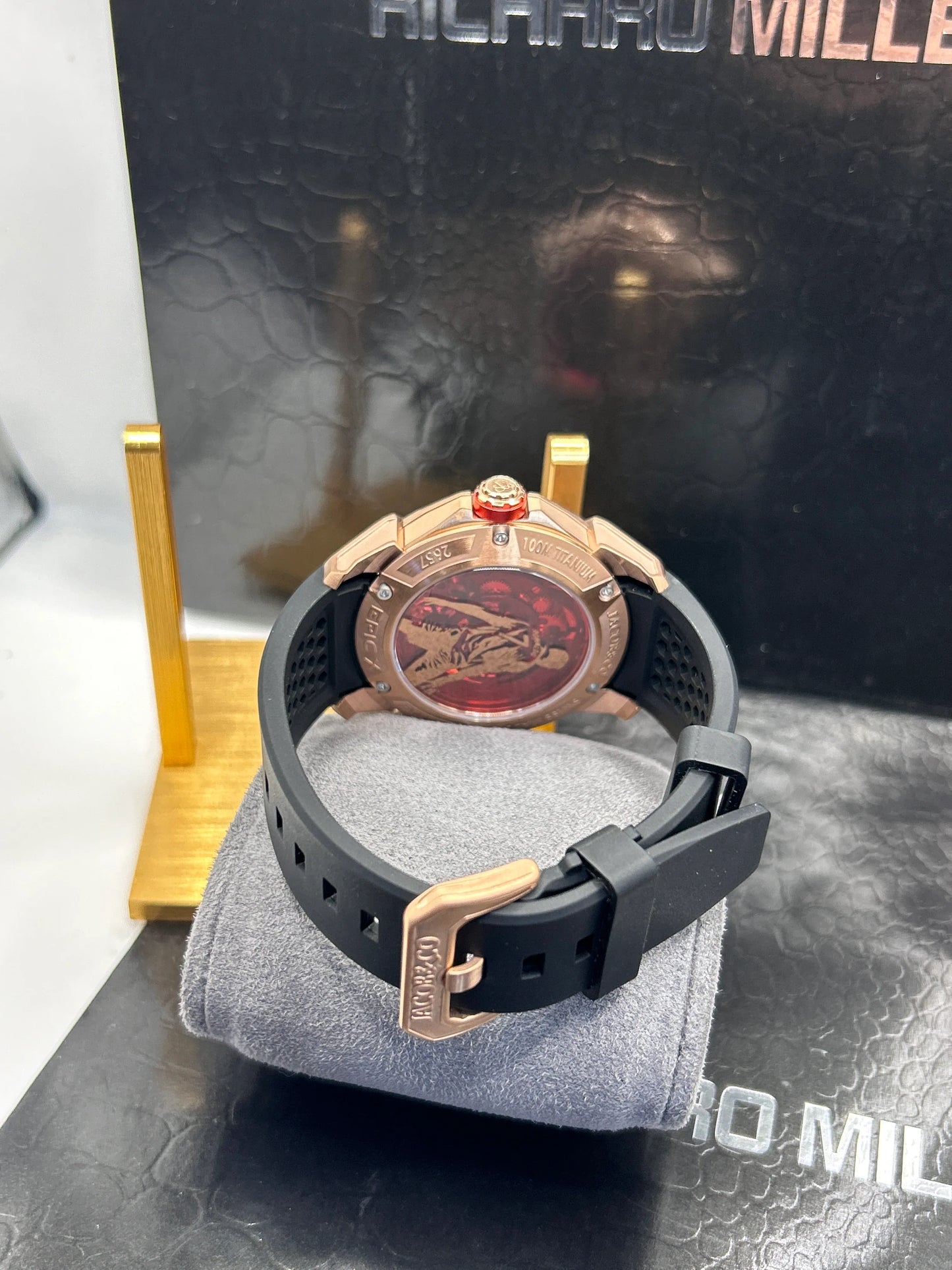 Jacob & Co Rose Gold Case Black Strap Skeleton Watch