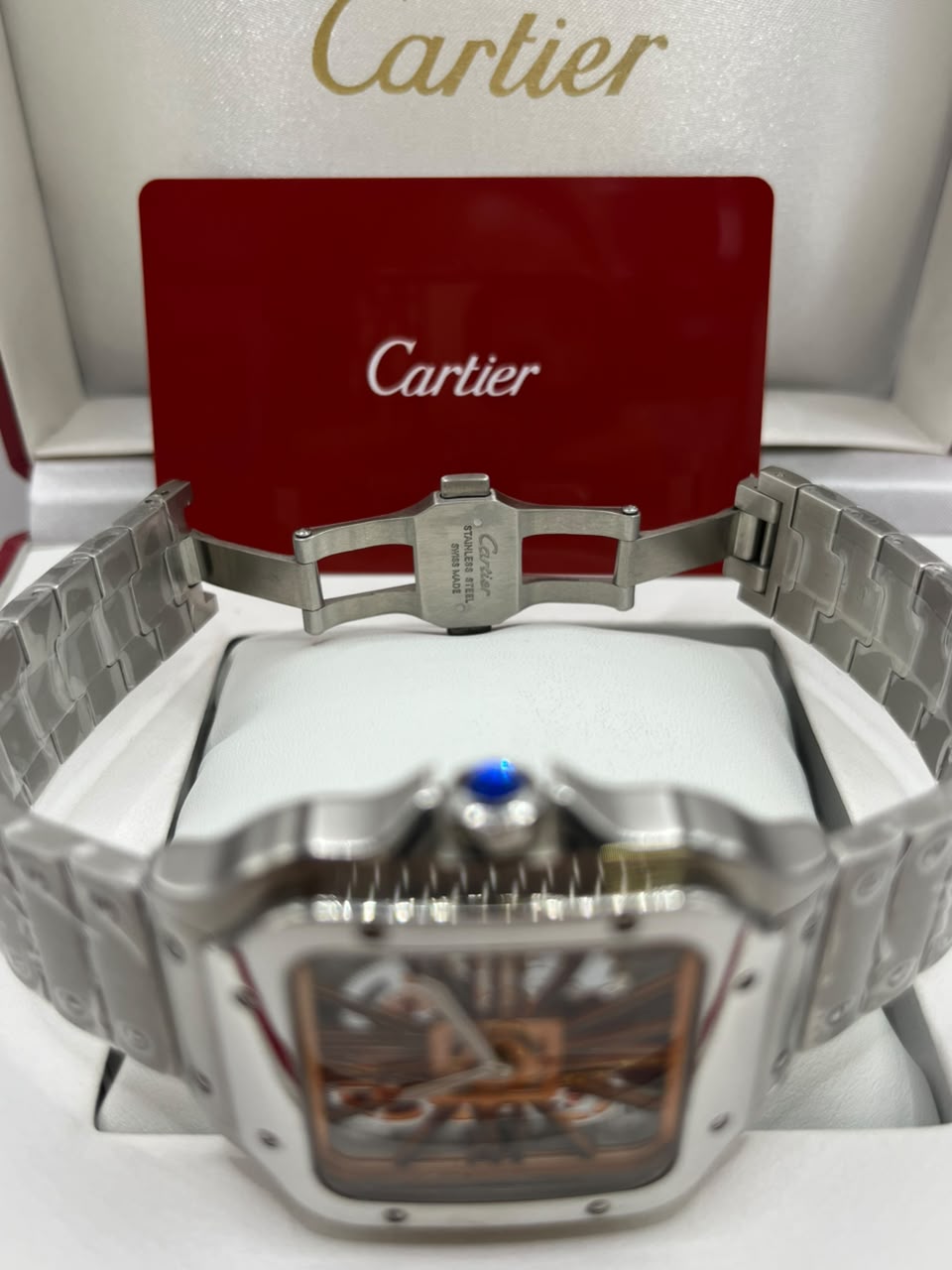 Cartier Santos Skeleton Watch Gold Skeleton Dial Silver Stainless Steel Bracelet (Copy)