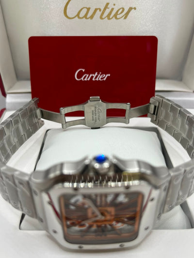 Cartier Santos Skeleton Watch Gold Skeleton Dial Silver Stainless Steel Bracelet (Copy)