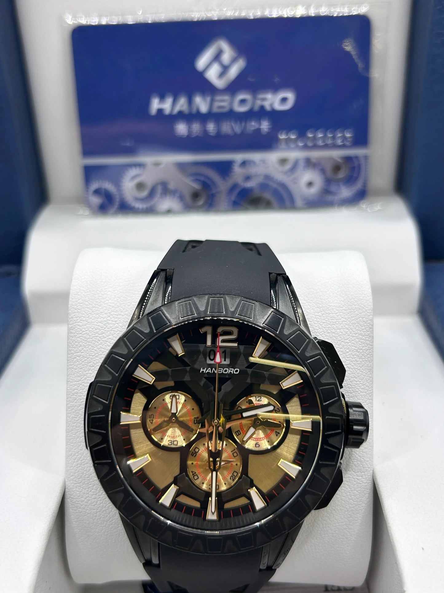 Hanboro Black and Gold Dial Chronograph Watch