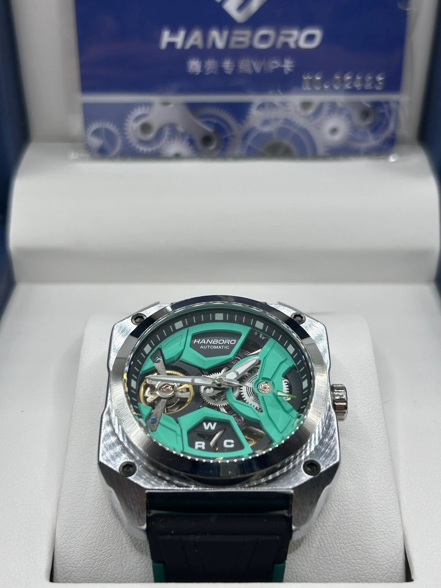 Hanboro Green Skeleton Dial Leather Watch