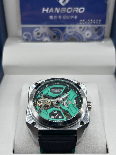 Hanboro Green Skeleton Dial Leather Watch