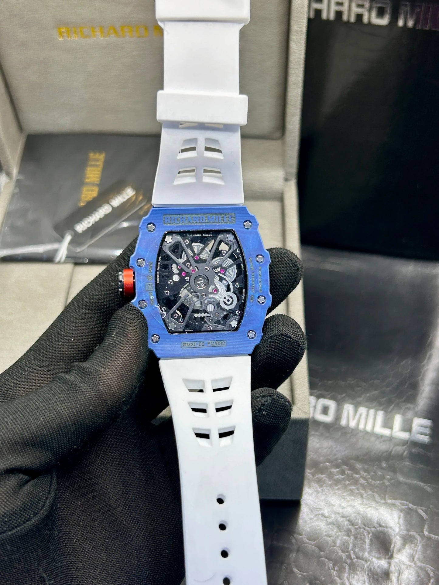 Richard Mille Blue Case White Strap Skeleton Watch