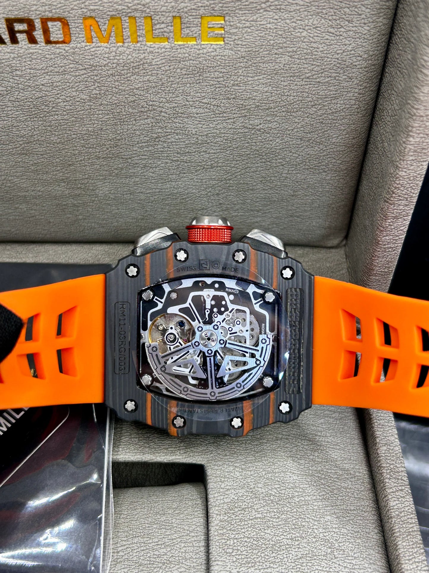 Richard Mille Grey Case Orange Strap Skeleton Watch