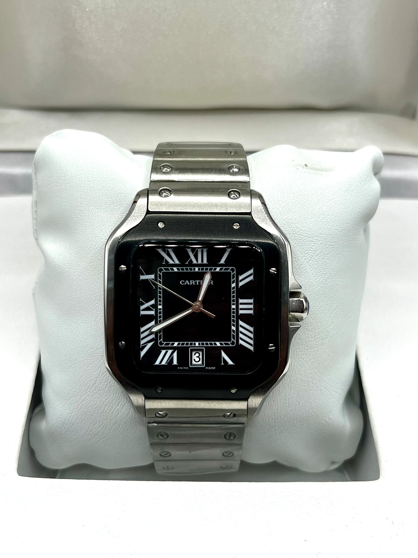 Cartier Santos Black Dial Stainless Steel Watch