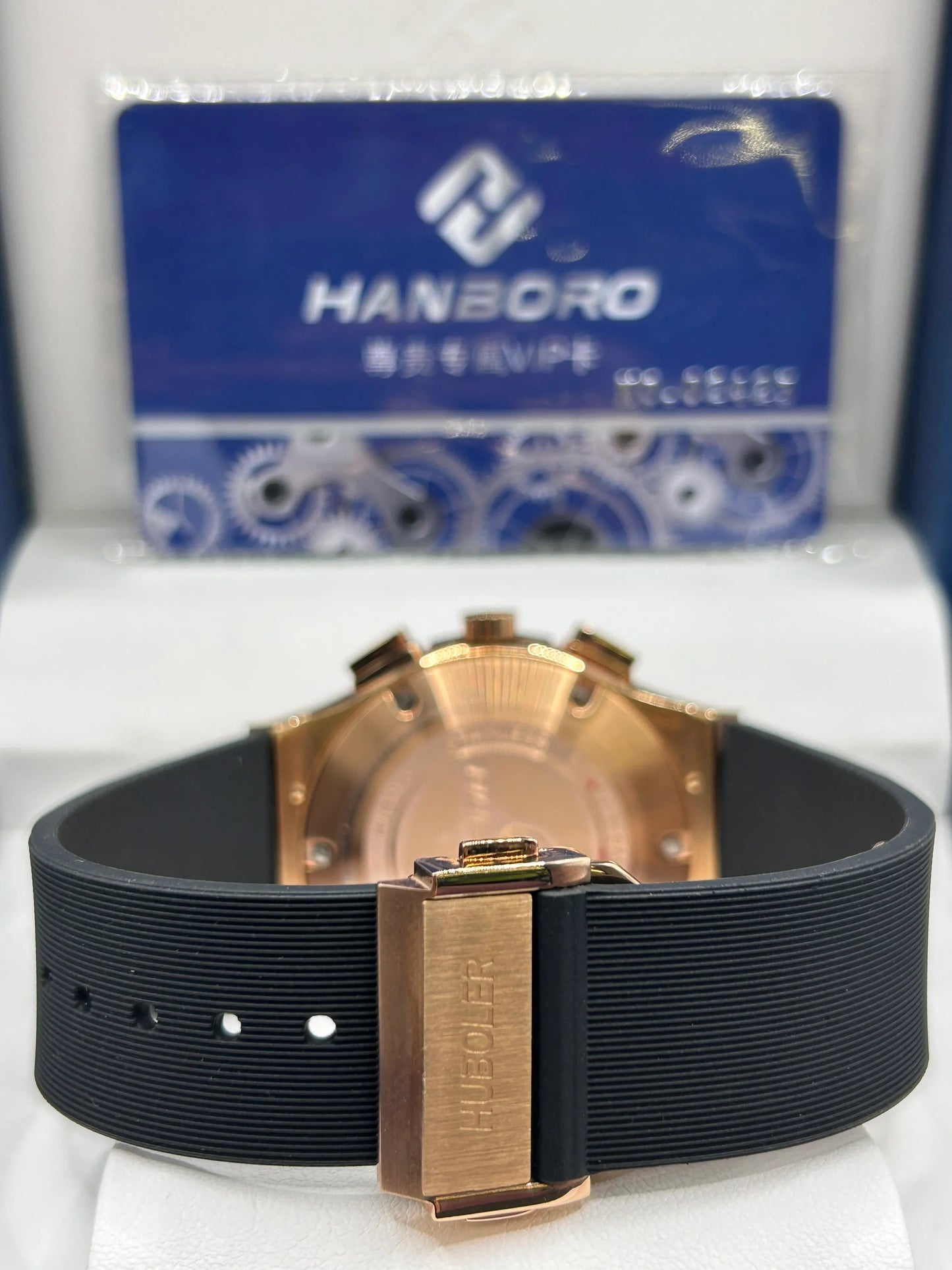 Hanboro Black Dial Gold Case Rubber Strap Watch