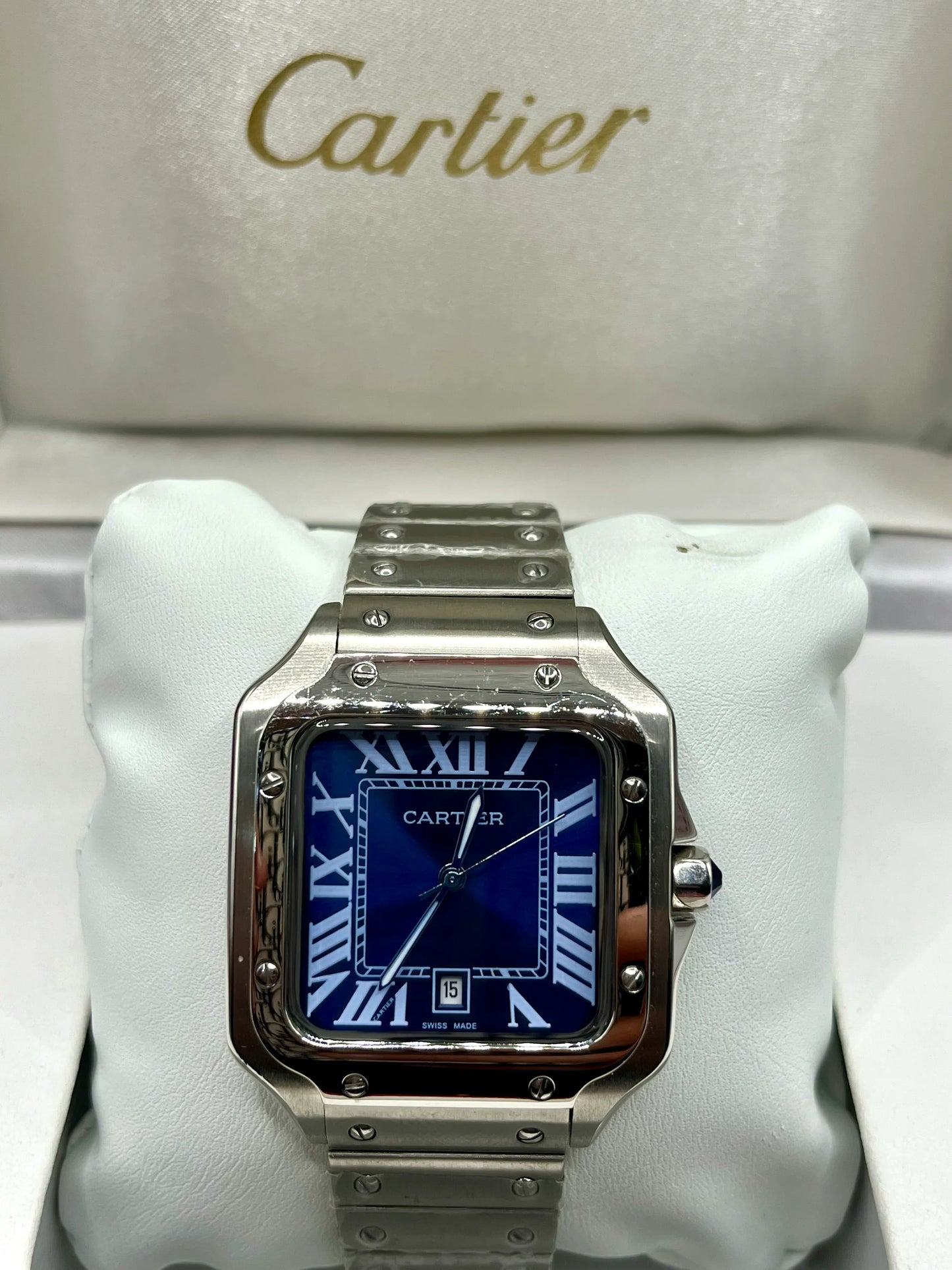 Cartier Santos Blue Dial Stainless Steel Automatic Watch