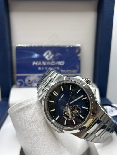 Hanboro Blue Dial Stainless Steel Skeleton Watch
