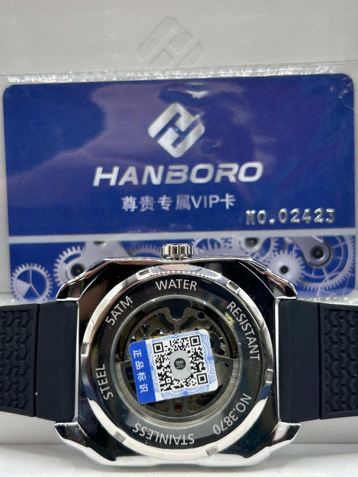 Hanboro Blue Skeleton Dial Leather Watch