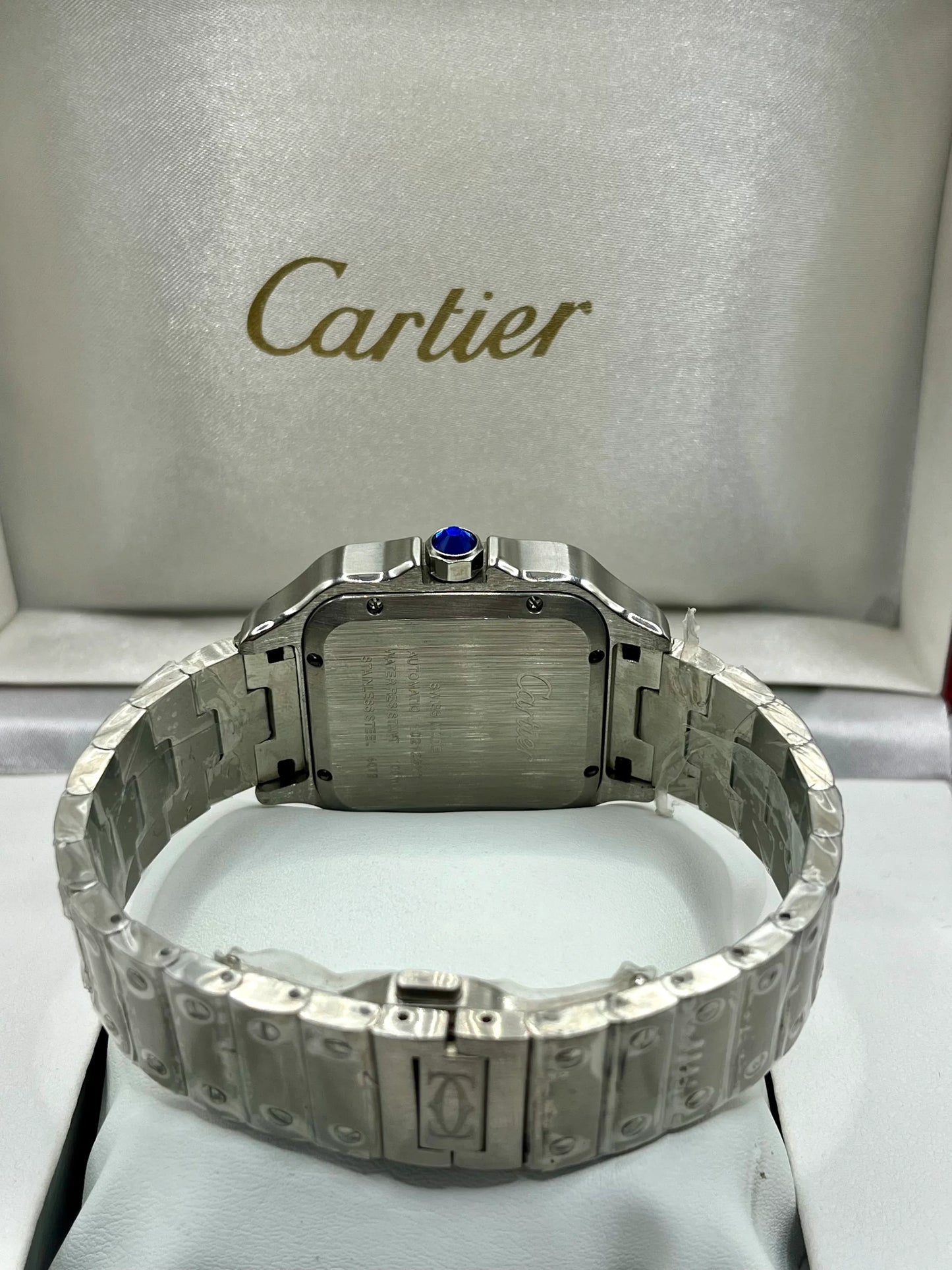 Cartier Santos Blue Bezel White Dial Stainless Steel Watch