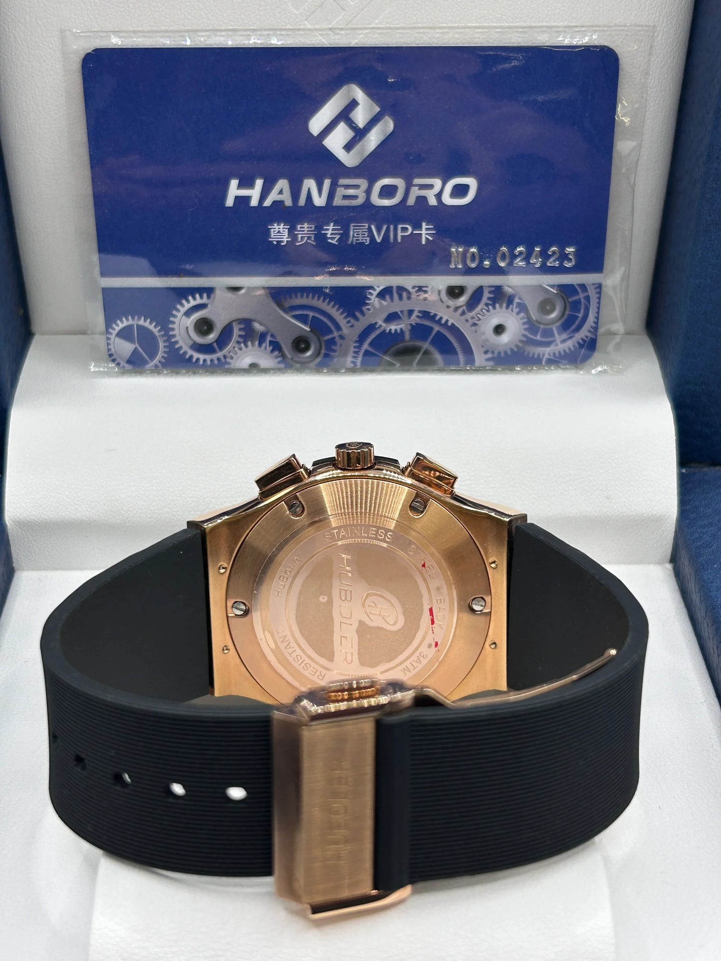 Hanboro Black Dial Gold Case Rubber Strap Watch