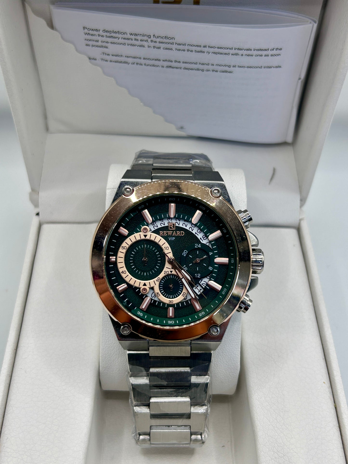 REWARD Luxury Chronograph Watch – Green Dial Rose Gold & Steel