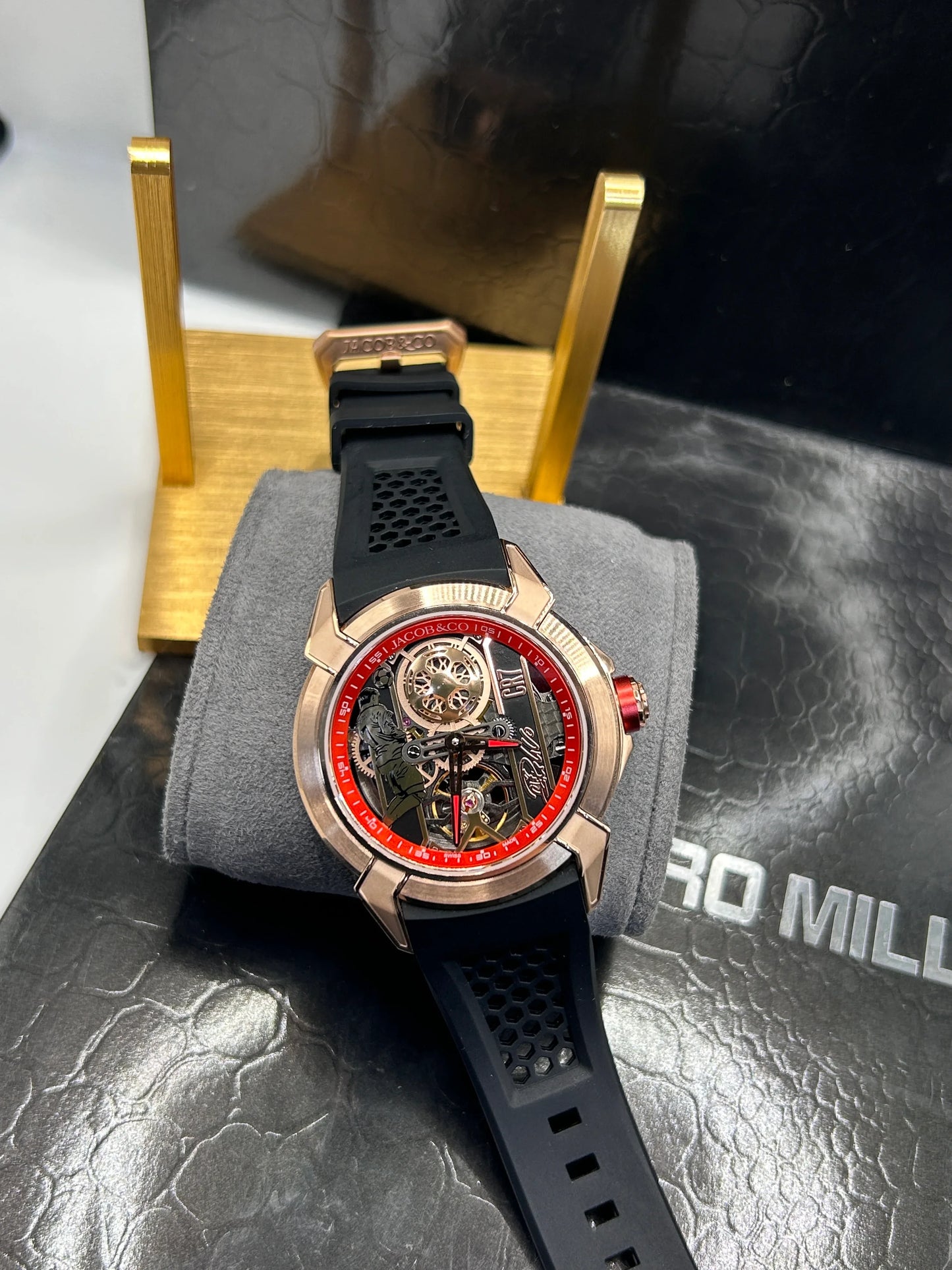 Jacob & Co Rose Gold Case Black Strap Skeleton Watch