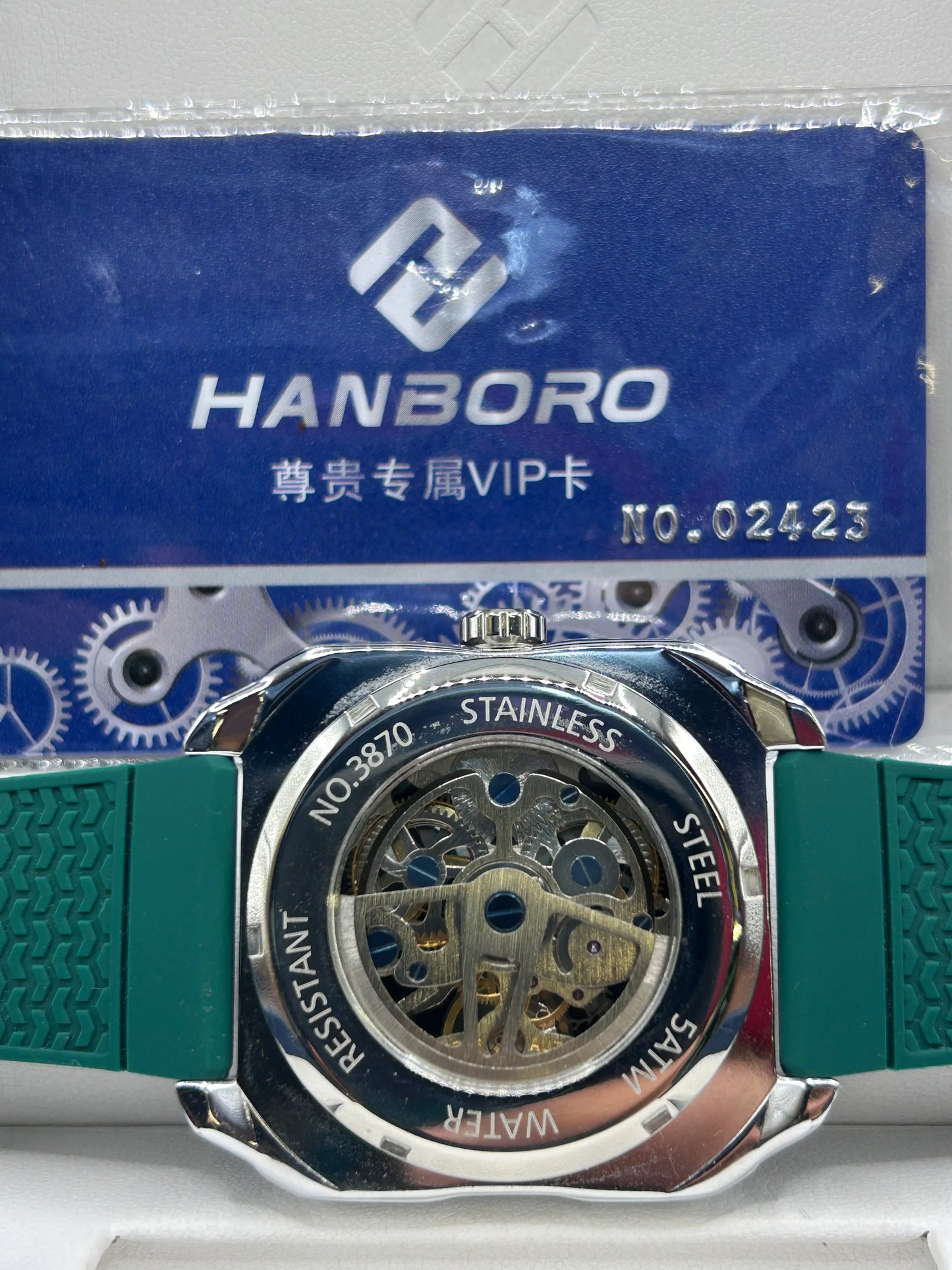 Hanboro Green Skeleton Dial Leather Watch