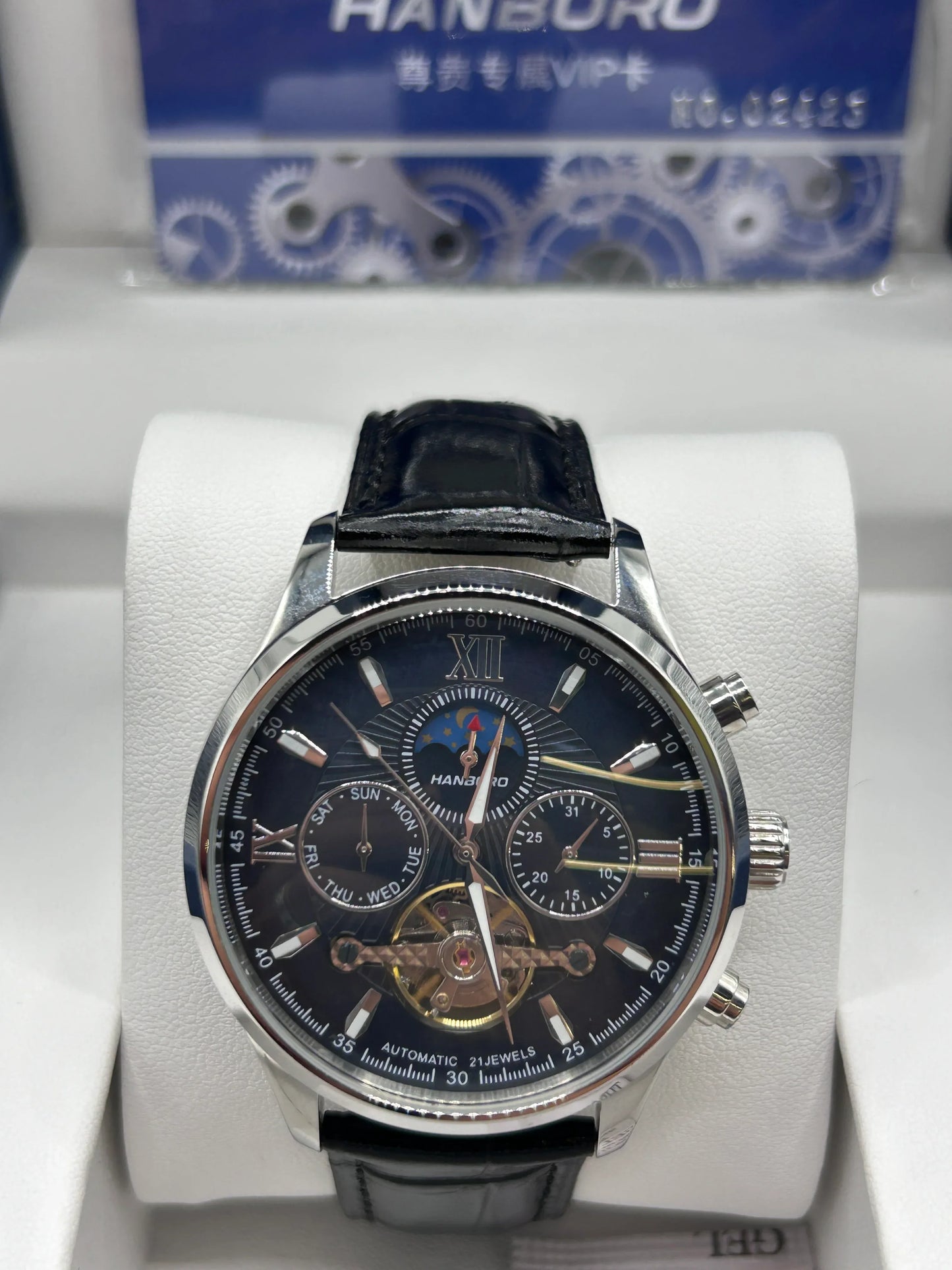 Hanboro Black Skeleton Dial Leather Chronograph Watch