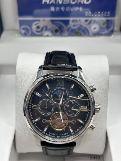 Hanboro Black Skeleton Dial Leather Chronograph Watch