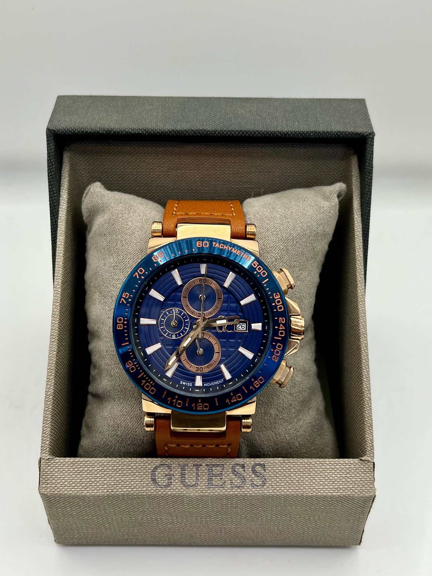 Guess Blue Dial Gold Chronograph Leather Watch