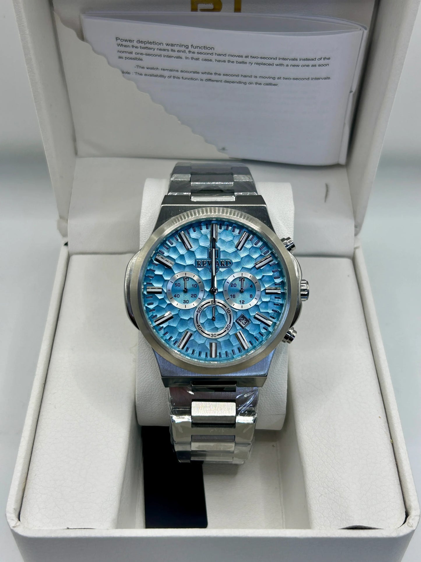 REWARD Luxury Chronograph Watch – Ice Blue Dial Stainless Steel