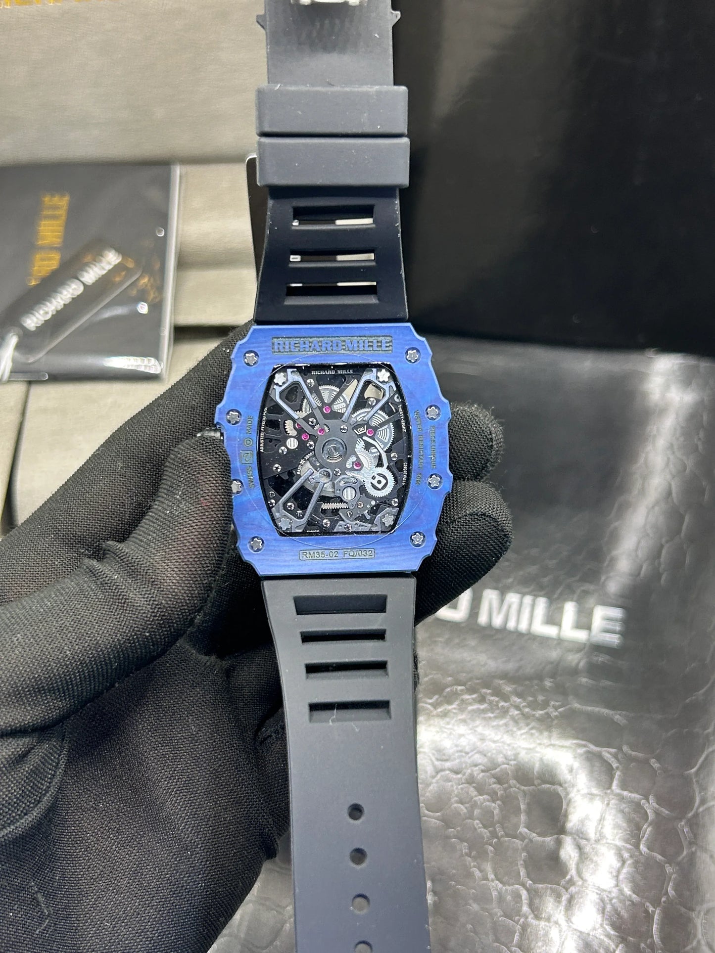 Richard Mille Blue Case Black Strap Skeleton Watch