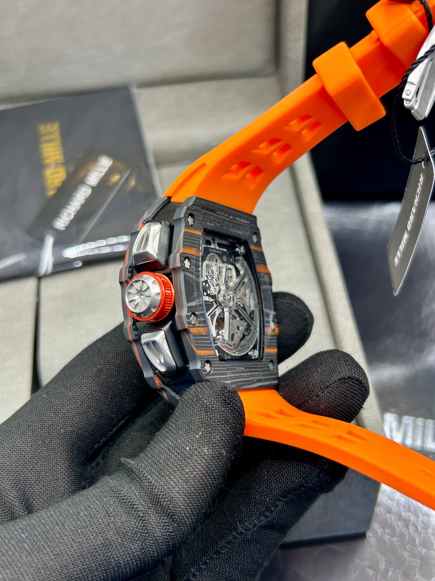 Richard Mille Grey Case Orange Strap Skeleton Watch