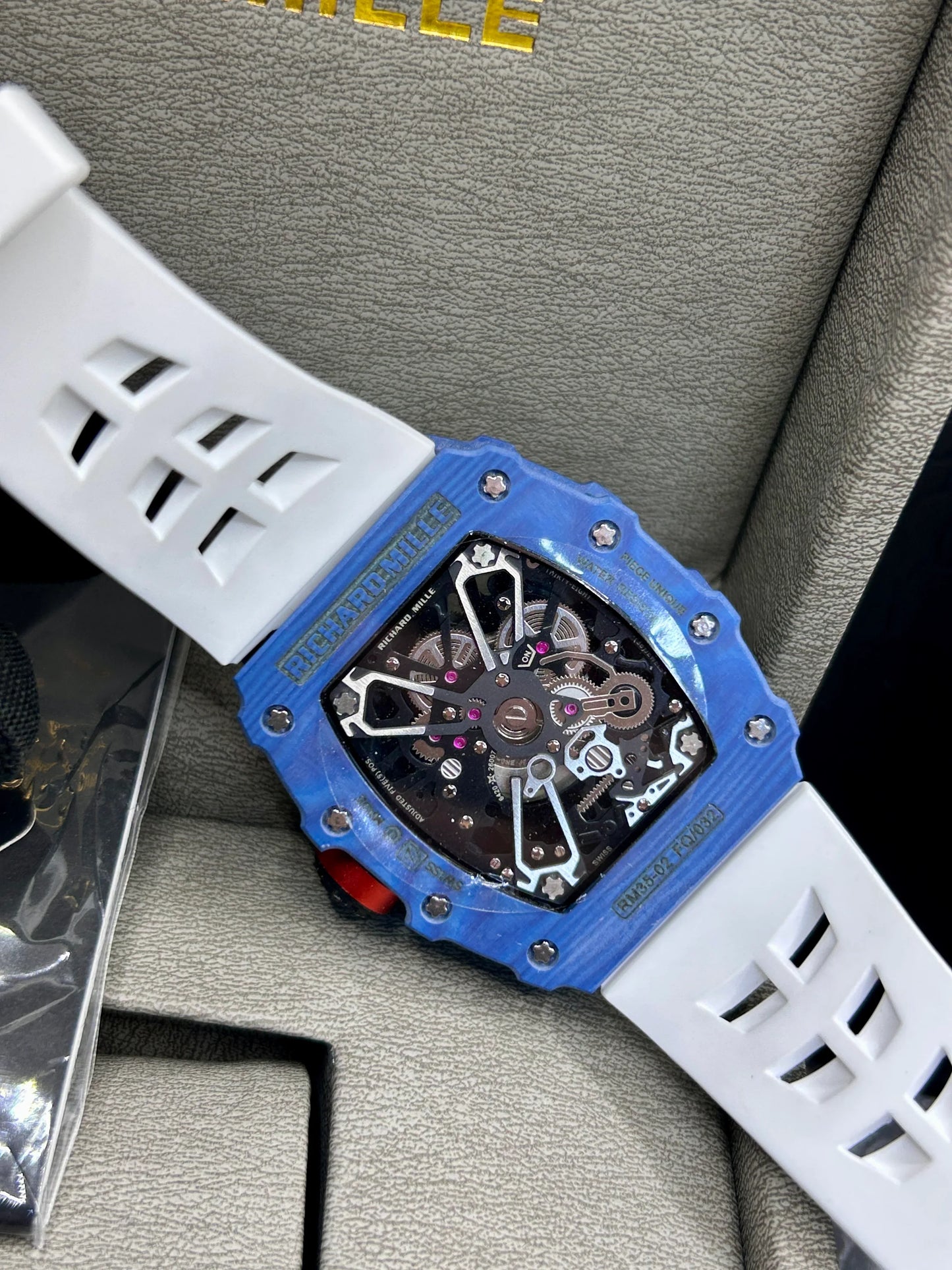 Richard Mille Blue Case White Strap Skeleton Watch