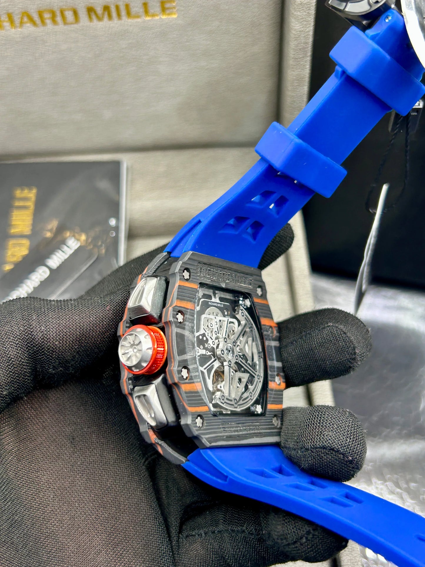 Richard Mille Grey Case Blue Strap Skeleton Watch