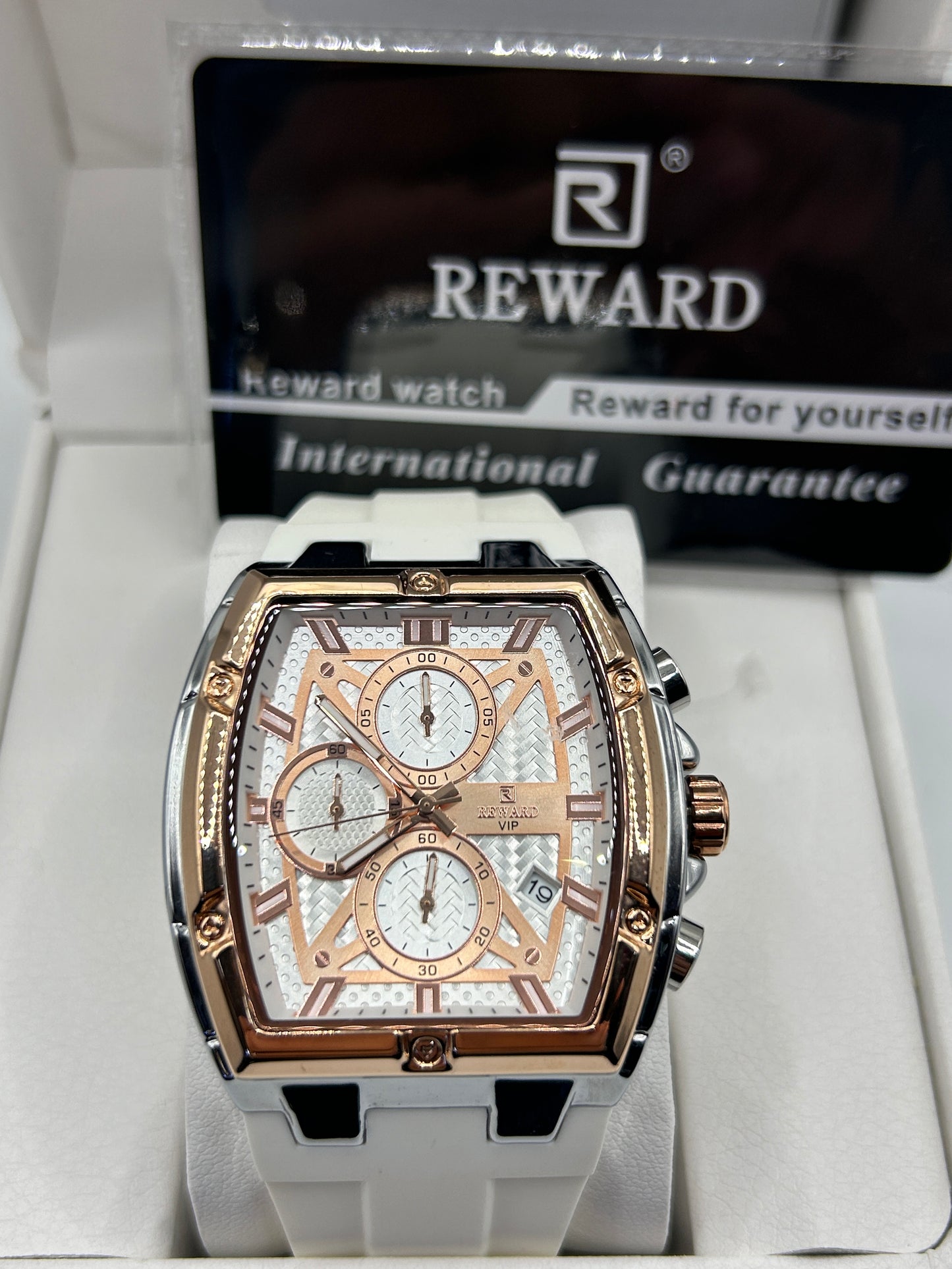 REWARD Luxury Chronograph Watch – White Dial Rose Gold Square Case