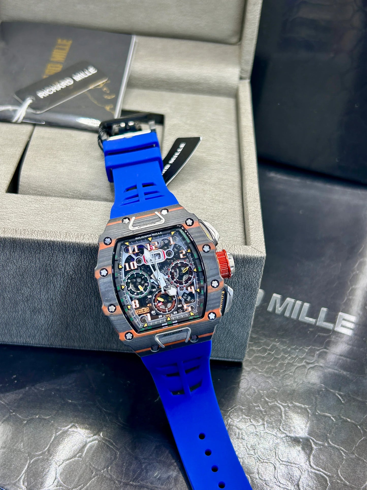 Richard Mille Grey Case Blue Strap Skeleton Watch