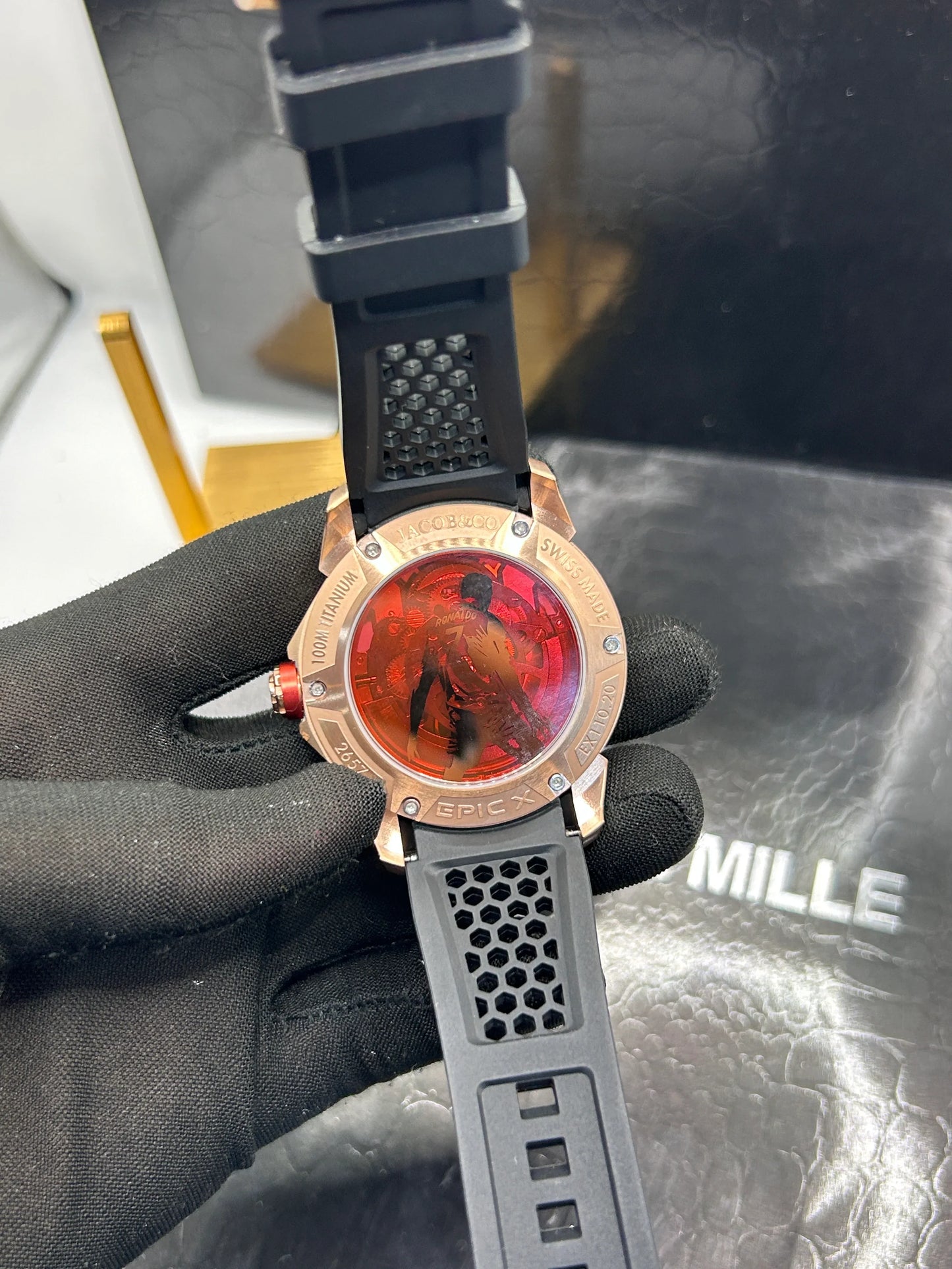 Jacob & Co Rose Gold Case Black Strap Skeleton Watch
