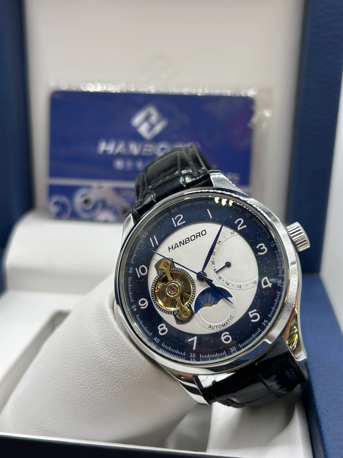 Hanboro Blue and White Dial Leather Automatic Watch