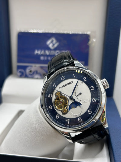 Hanboro Blue and White Dial Leather Automatic Watch