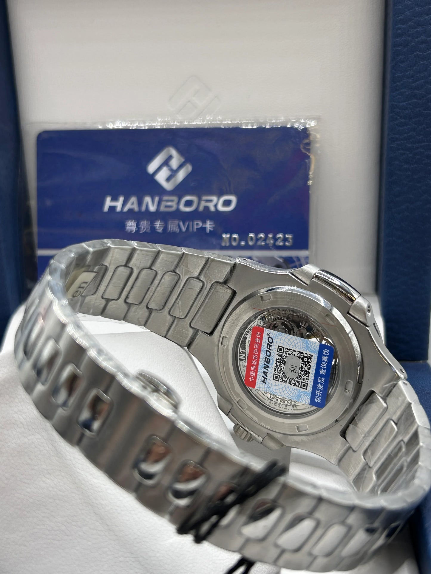 Hanboro Blue Dial Stainless Steel Skeleton Watch