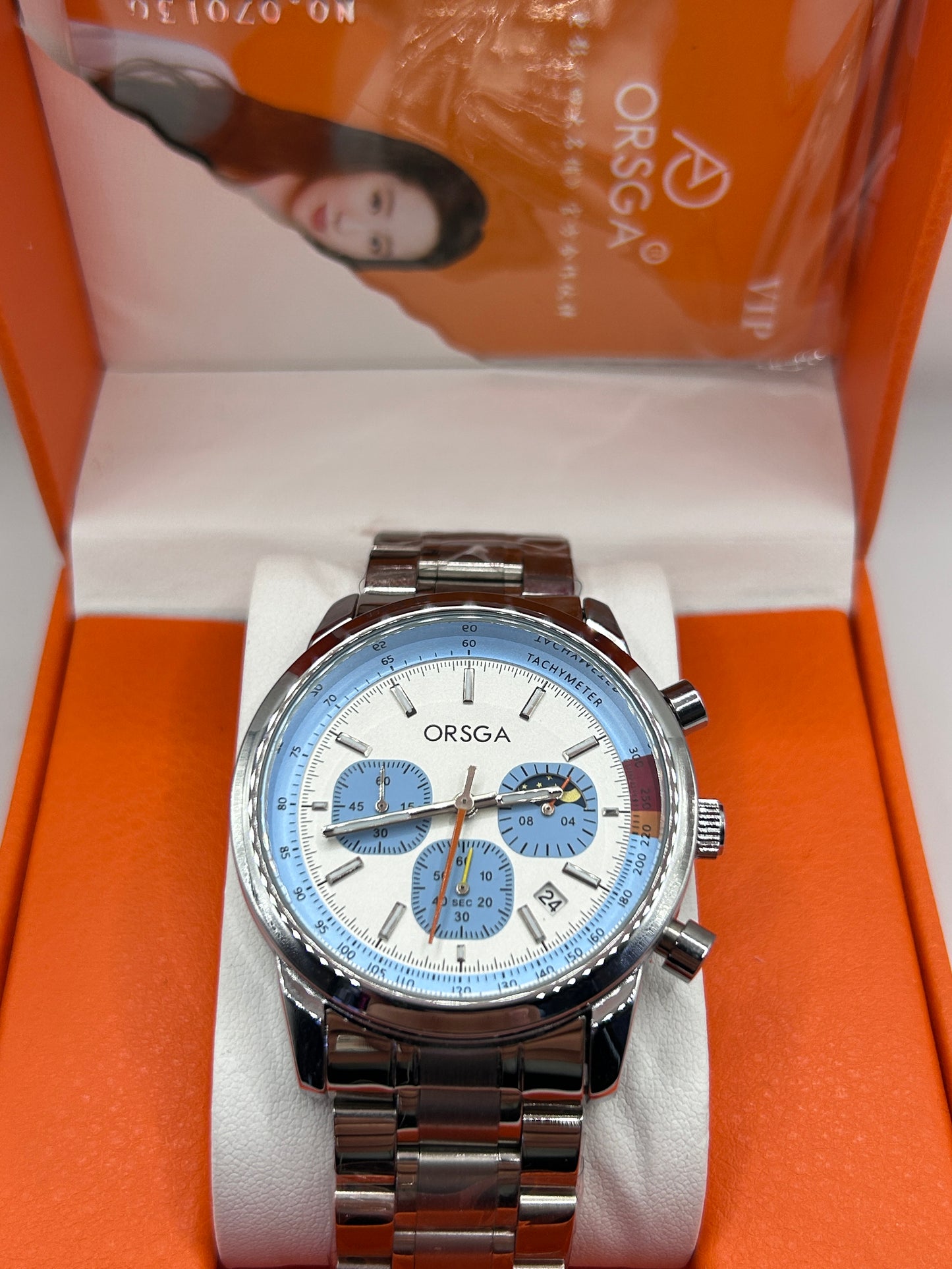 REWARD Luxury Chronograph Watch – Light Blue Dial Stainless Steel Bracelet