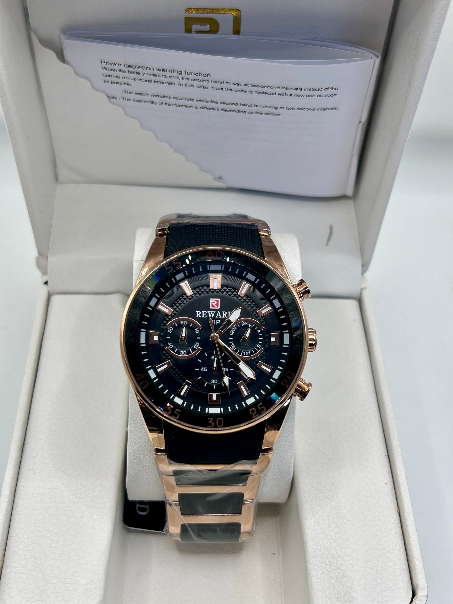 REWARD Luxury Chronograph Watch – Black Dial Rose Gold