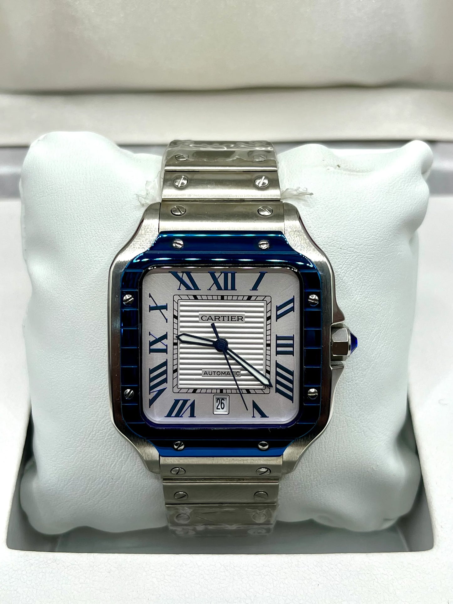 Cartier Santos Blue Bezel White Dial Stainless Steel Watch
