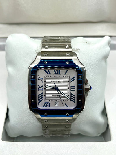 Cartier Santos Blue Bezel White Dial Stainless Steel Watch