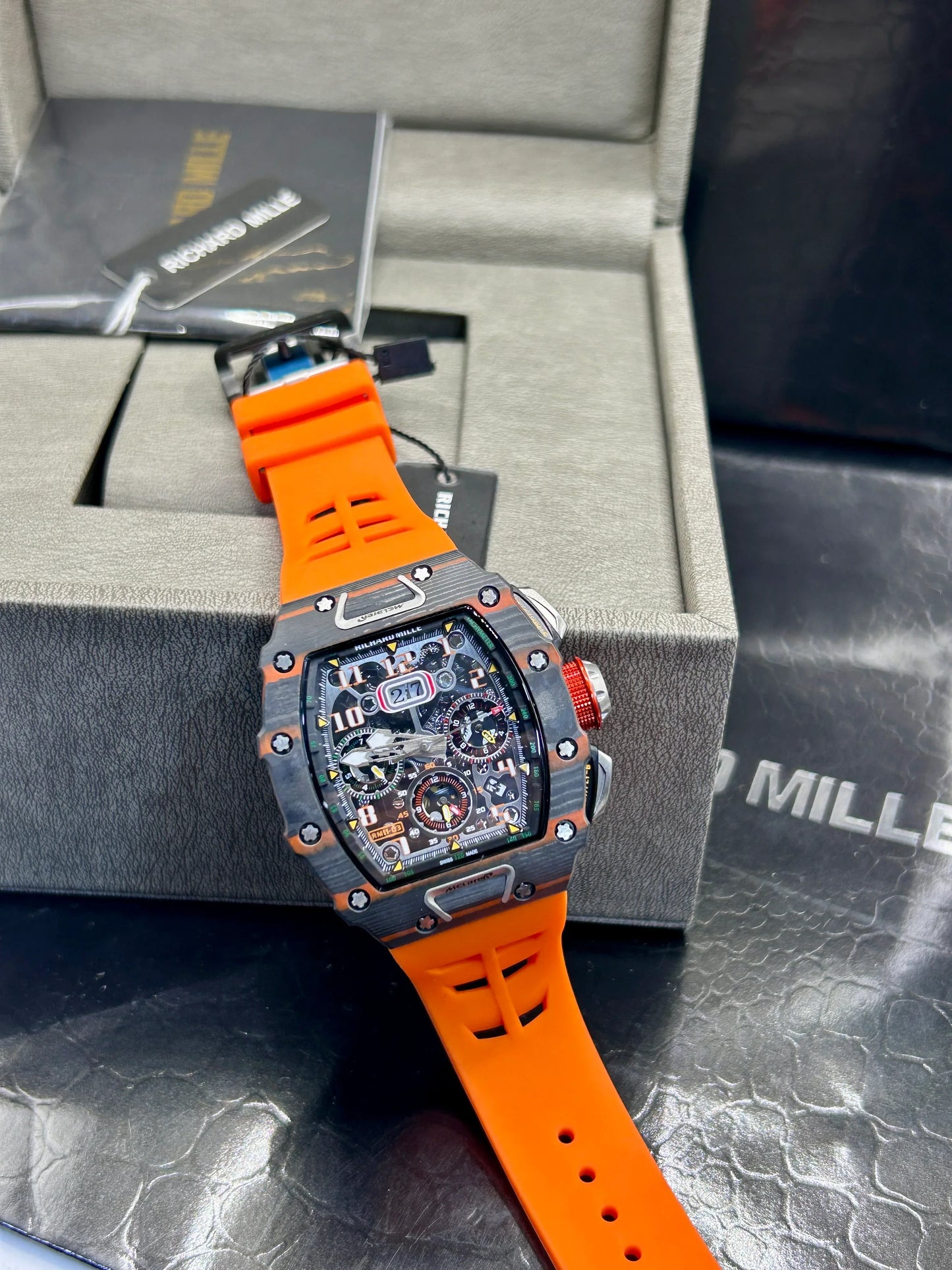 Richard Mille Grey Case Orange Strap Skeleton Watch