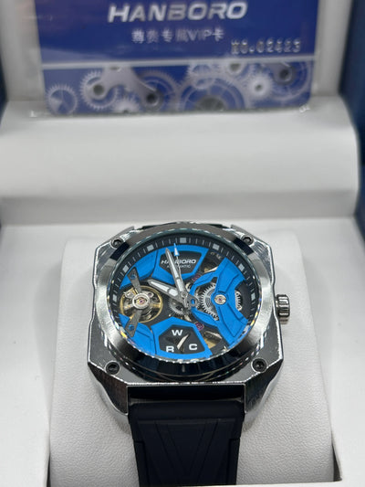 Hanboro Blue Skeleton Dial Leather Watch
