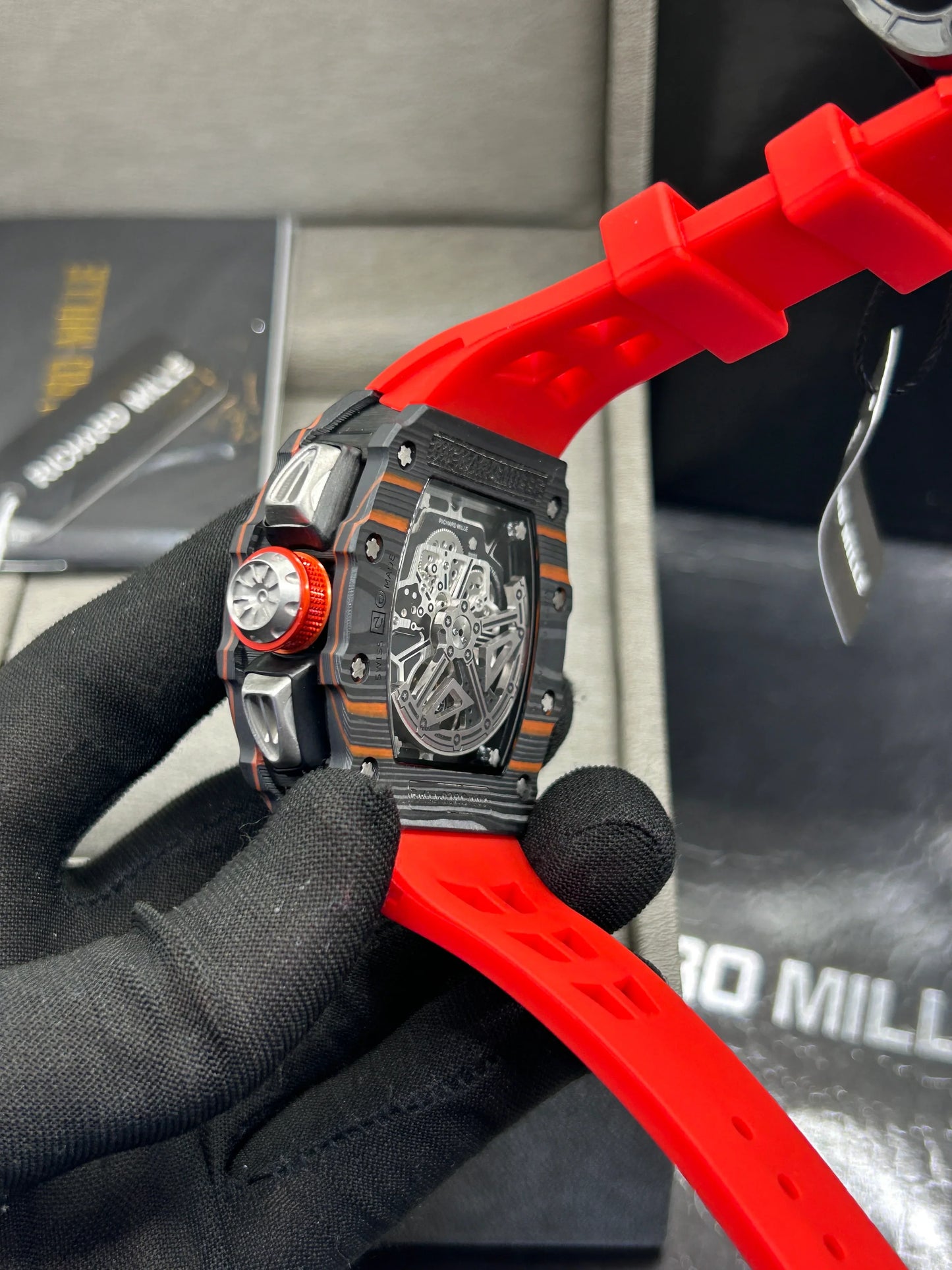Richard Mille Black Case Red Strap Skeleton Watch