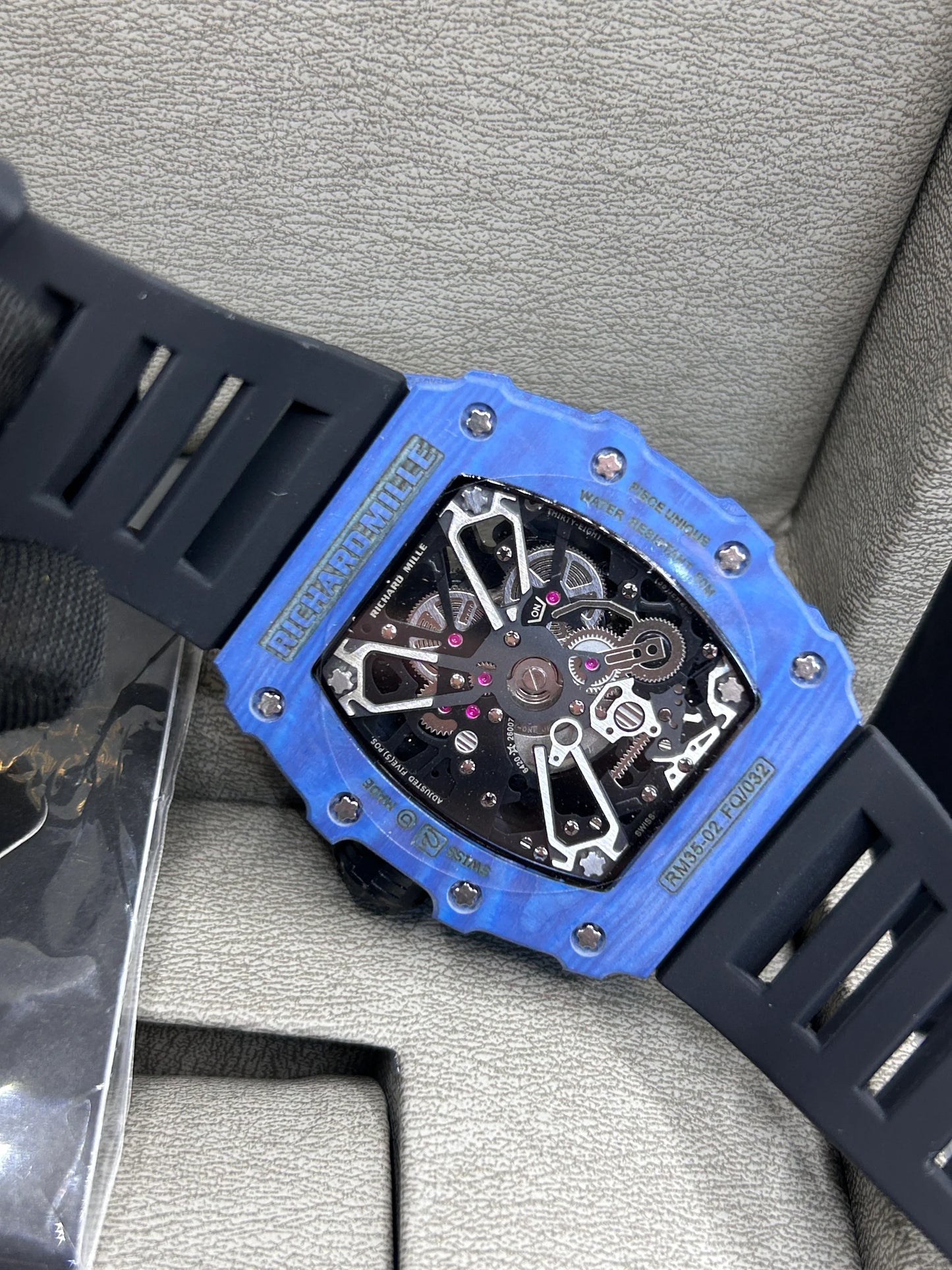 Richard Mille Blue Case Black Strap Skeleton Watch