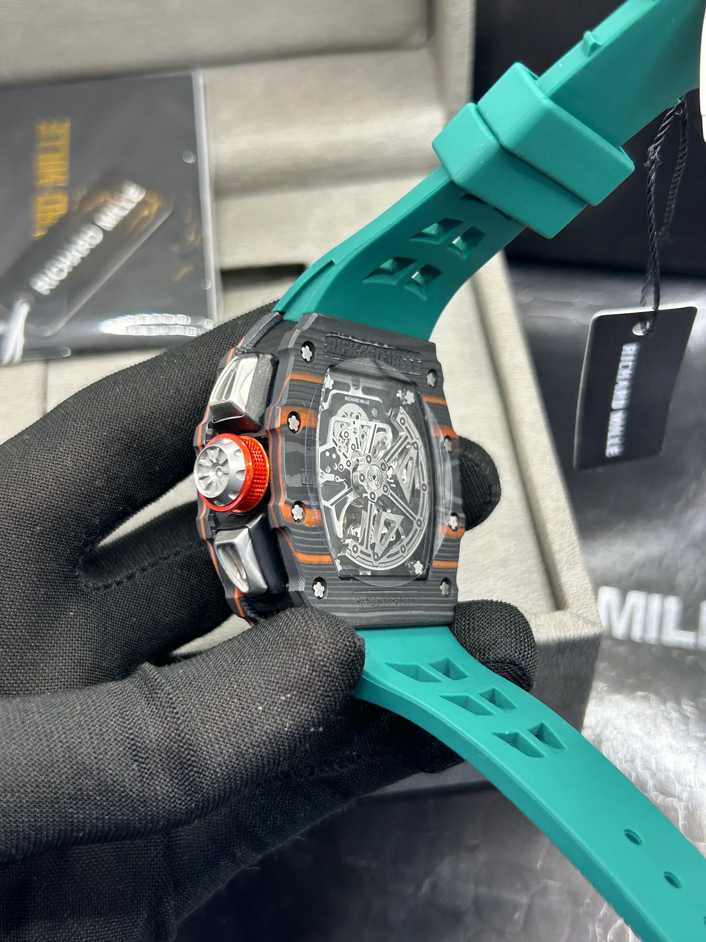 Richard Mille Grey Case Green Strap Skeleton Watch