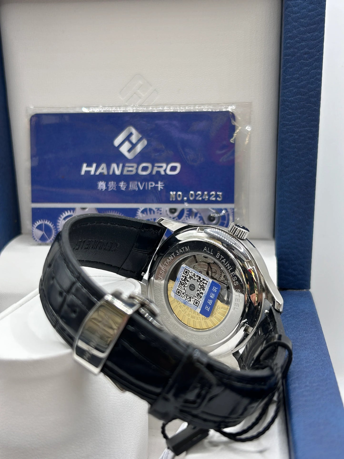 Hanboro Blue and White Dial Leather Automatic Watch